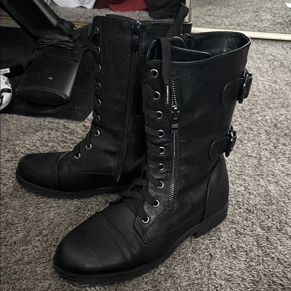 Black Combat Moto Boots with Lace-Up Design